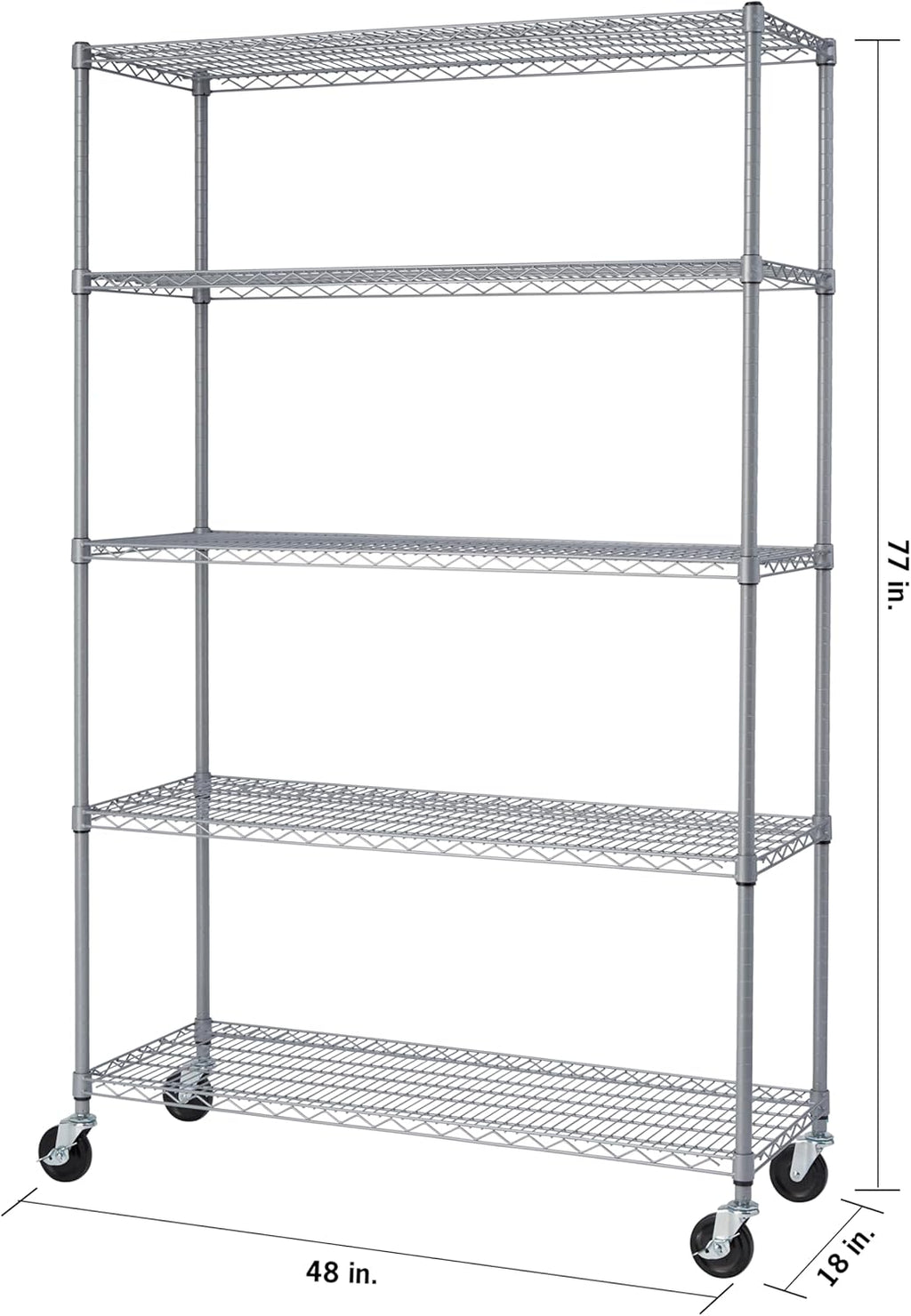 Gray 5-Tier Adjustable Wire Shelving with Wheels, 48" W X 18" D X 72-77" H M39762