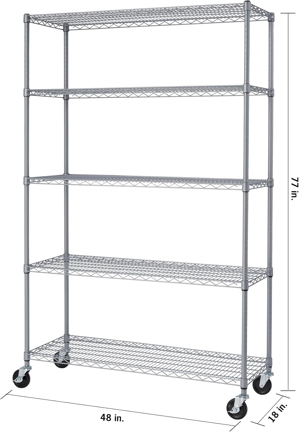 Gray 5-Tier Adjustable Wire Shelving with Wheels, 48" W X 18" D X 72-77" H M39762