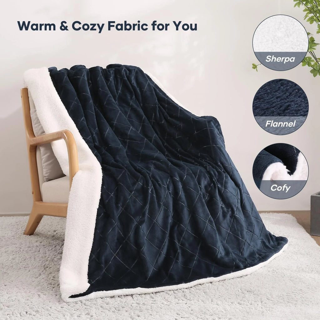 Dark Blue Flannel & Sherpa Electric Heated Throw Blanket 50"x 60" V190961