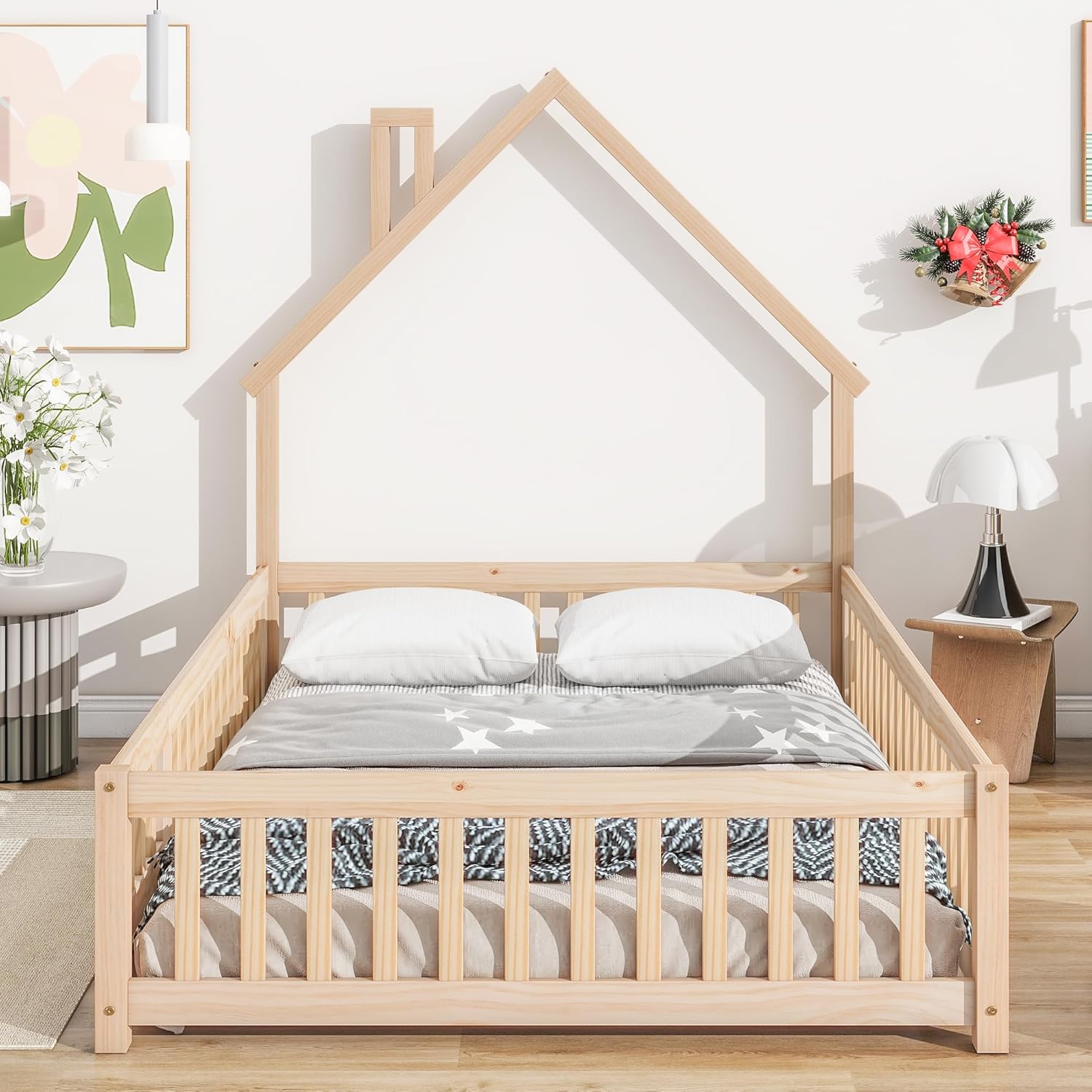 Natural Full Size Floor Bed Frame with Fence and Door J194965