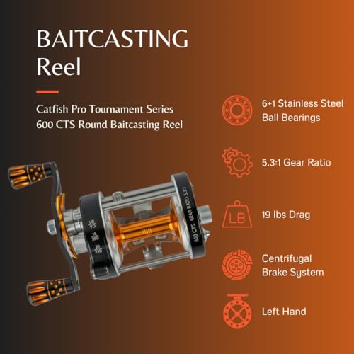 Round Baitcasting Reel with 6+1 Stainless Steel Ball Bearings, 5.3:1 Gear Ratio, 19lb Drag, Brass Gears H82930
