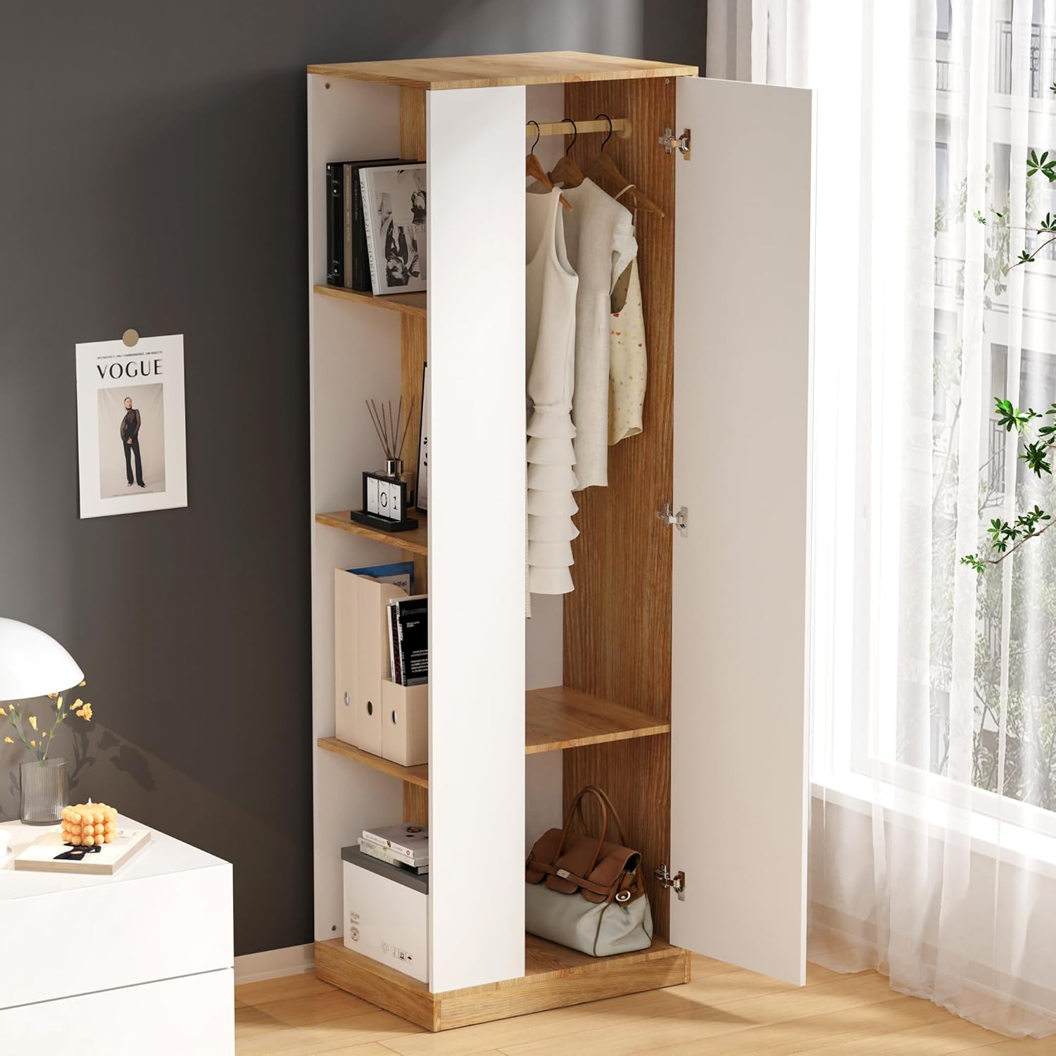 White Wardrobe Closet with Hanging Rail, 16" D x 24" W x 71" H N975185