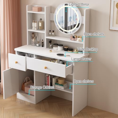 White Vanity Desk with Mirror and Lights, 3 Lighting Modes, Drawers, Open Storage Shelves J3904
