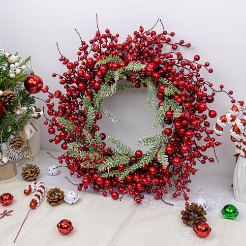 White 20 Inch Christmas Wreath with Berry Fir Pine Needle P690659
