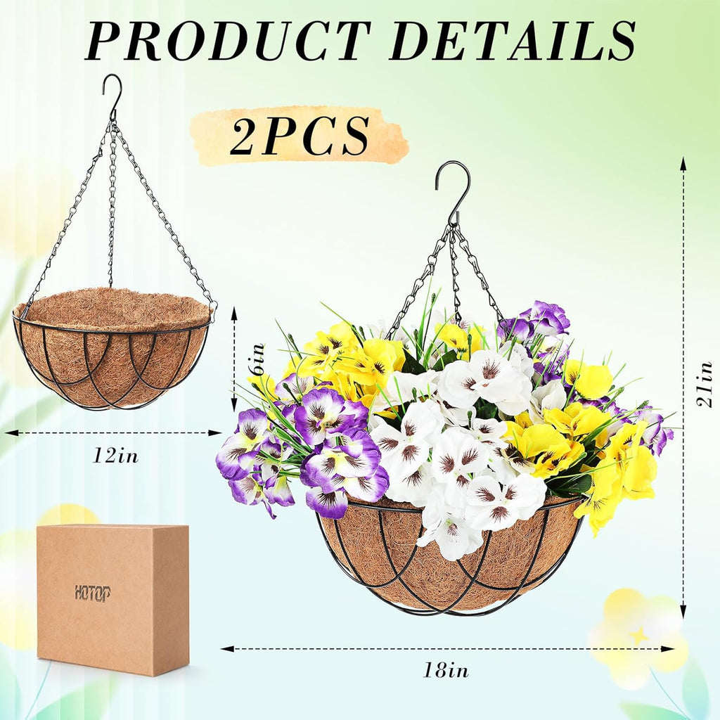 2 Pack Artificial Flowers with Hanging Basket, 12 Inch Faux Hanging Plants Coconut Lining Baskets T368