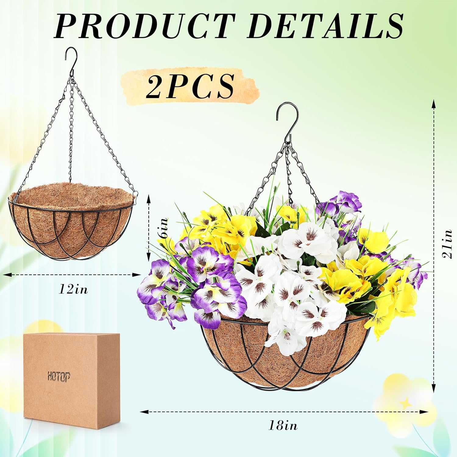 2 Pack Artificial Flowers with Hanging Basket, 12 Inch Faux Hanging Plants Coconut Lining Baskets T368