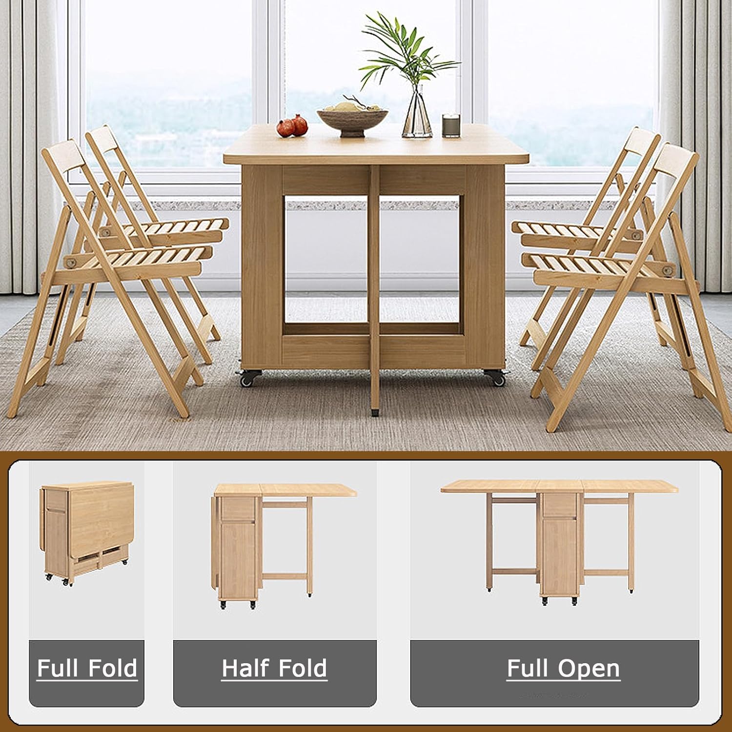 Folding Dining Table with 4 Chairs and Storage Drawers Wood Drop Leaf Dining Table Set W191690