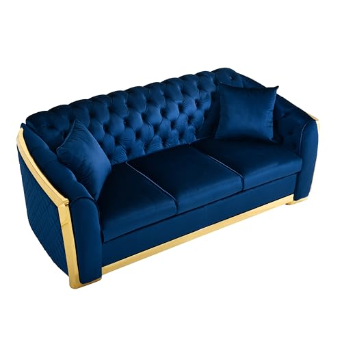 Blue Tufted Velvet 3 Seater Sofa with 2 Pillows J6858