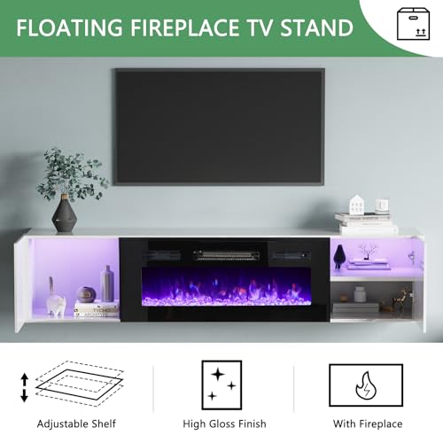 White High Gloss Entertainment Center with LED Lights, 40" Electric Fireplace, 2 Bookcases with Glass Doors L547