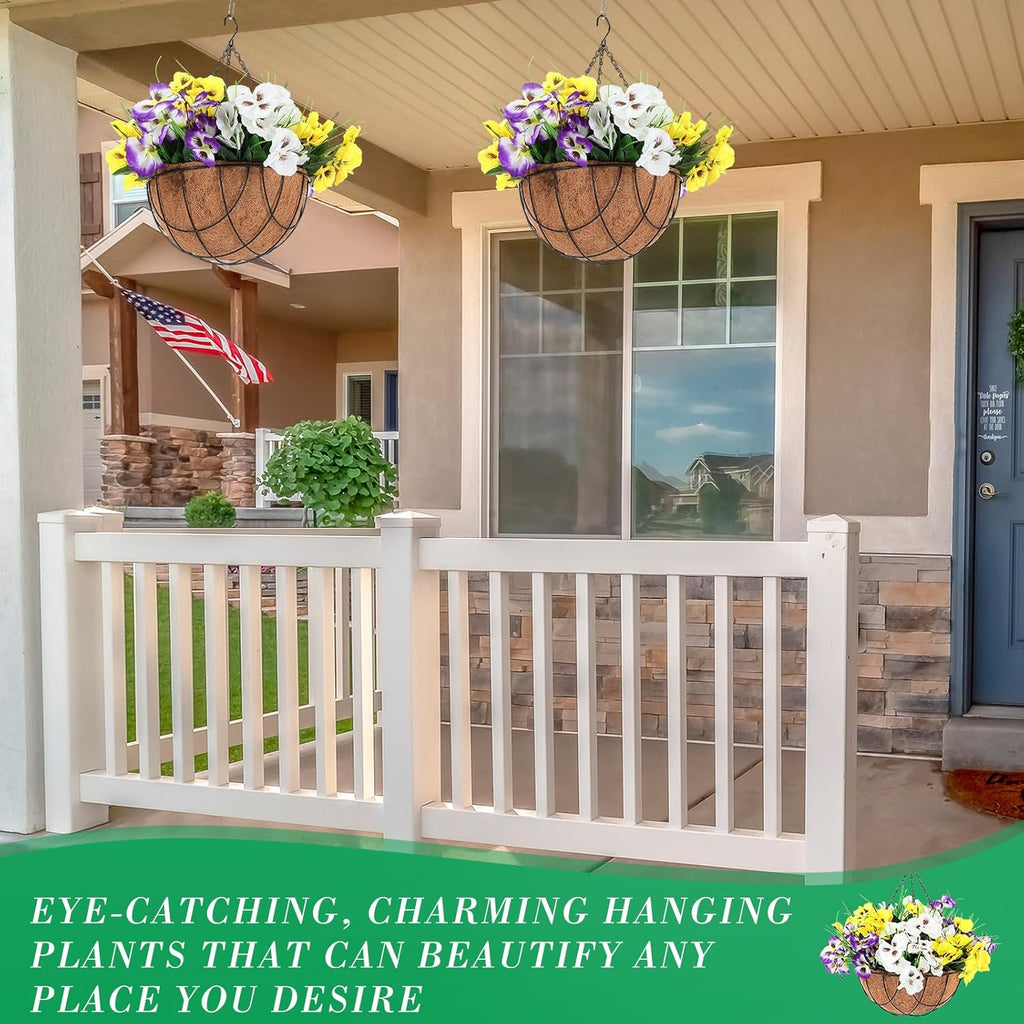 2 Pack Artificial Flowers with Hanging Basket, 12 Inch Faux Hanging Plants Coconut Lining Baskets T368
