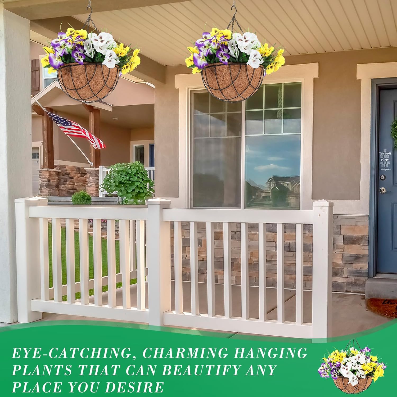 2 Pack Artificial Flowers with Hanging Basket, 12 Inch Faux Hanging Plants Coconut Lining Baskets T368
