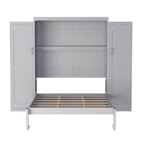 Full Size Wood Murphy Bed with Two Closets and Storage Shelf, Walnut R919758