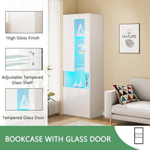 White High Gloss Entertainment Center with LED Lights, 40" Electric Fireplace, 2 Bookcases with Glass Doors L547