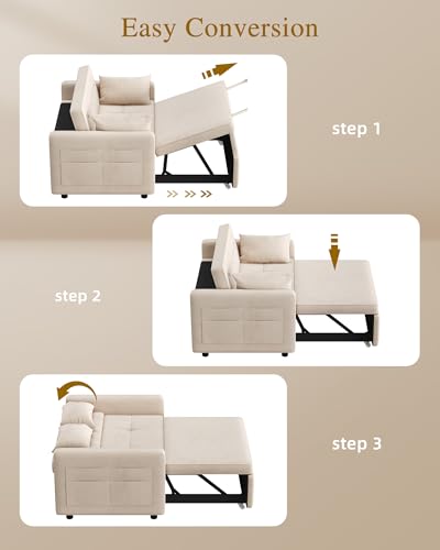 55" Convertible Sofa Bed, 3-in-1 Sleeper Sofa with Pull-Out Bed, Linen Futon Couch, Black A2959