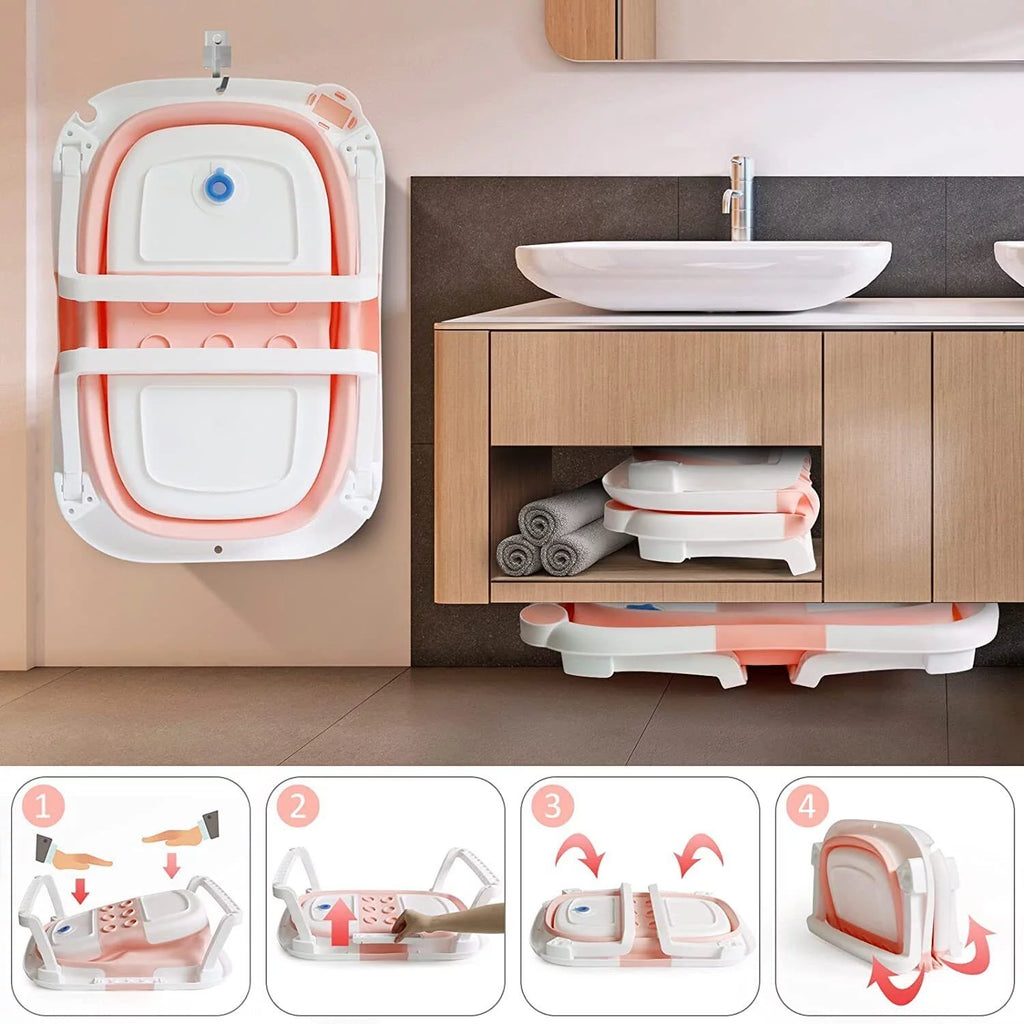 Collapsible Newborn Baby Bathtub with Pillow Cushion Support Bath Net Temperature Sensor Pink Q981