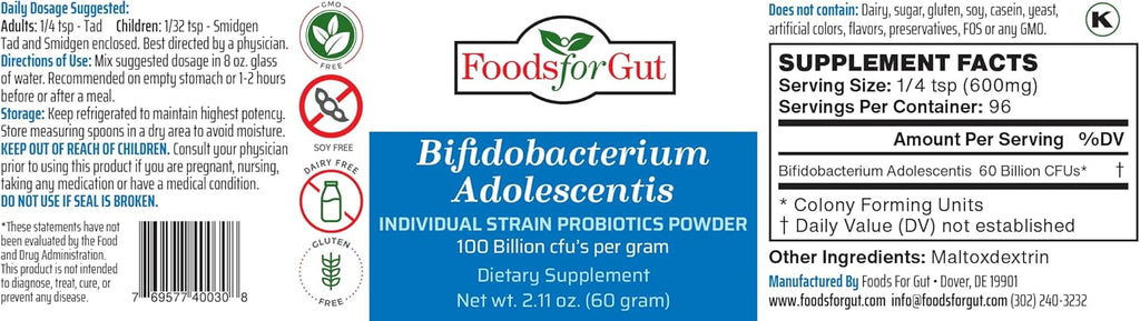 Bifidobacterium Adolescentis Probiotic Powder 100 Billion cfu's 60 Gram K999
