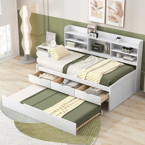 White Wash Wooden Twin Size Captain Bed with Built-in Bookshelves and 3 Storage Drawers and Trundle S277