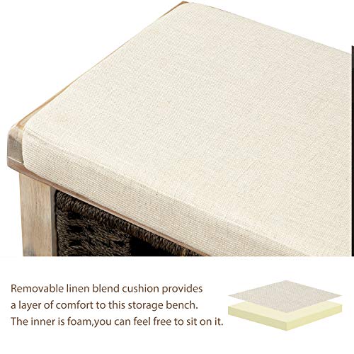Grey Wicker Storage Bench with Cushion, 3-Drawer and 3 Woven Baskets Y350786