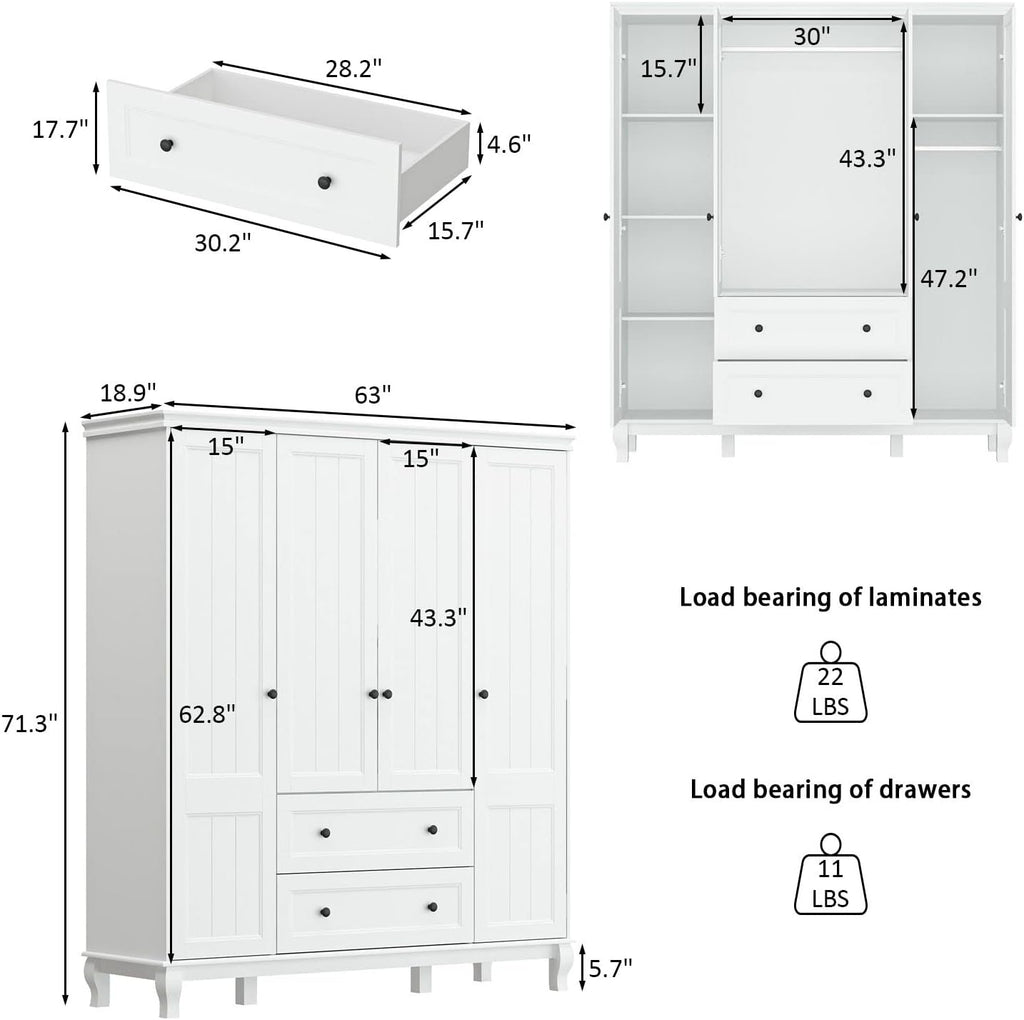 Large 4-Door White Wardrobe Closet with Hanging Rod and 2 Drawers Z428105
