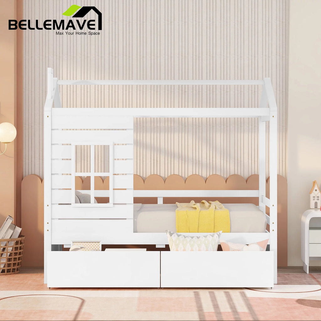 White Twin Size Wooden House Bed with Drawers and Guard Rails M1444
