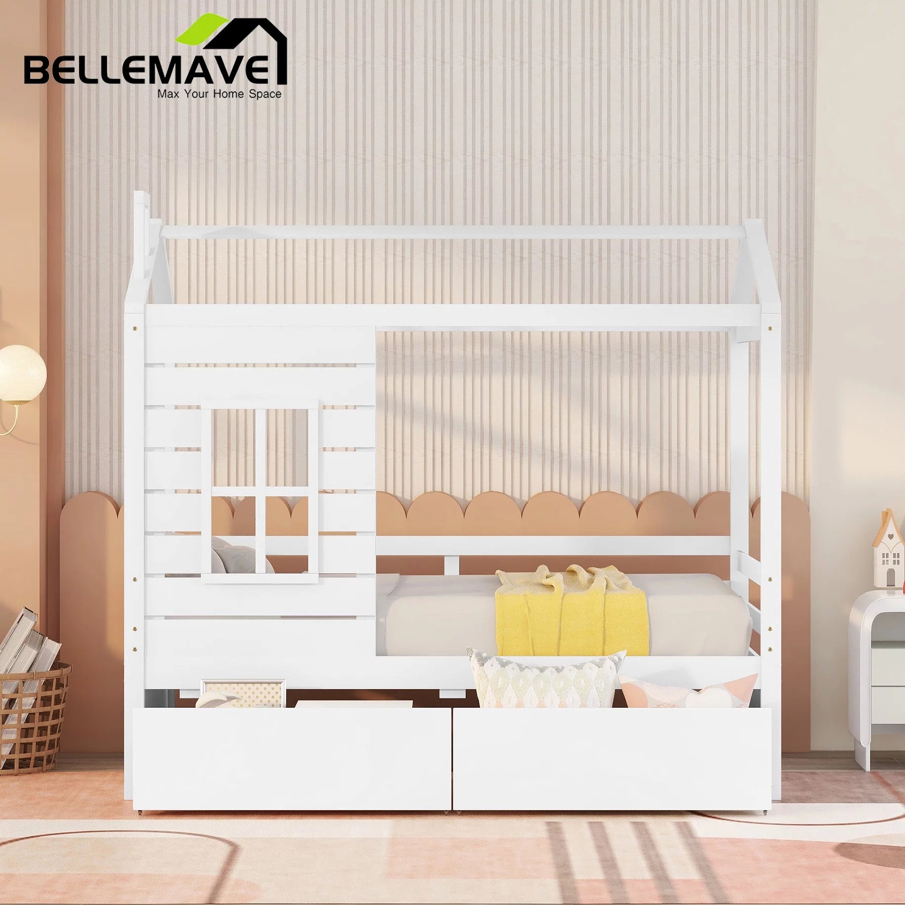 White Twin Size Wooden House Bed with Drawers and Guard Rails M1444