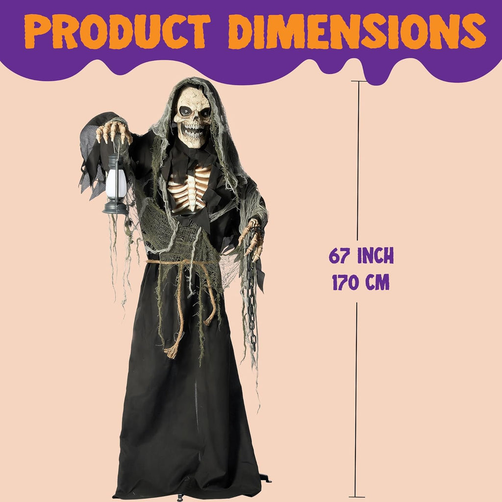 67" Halloween Animatronics Grim Reaper Animated Decoration with Light-Up Eyes E693