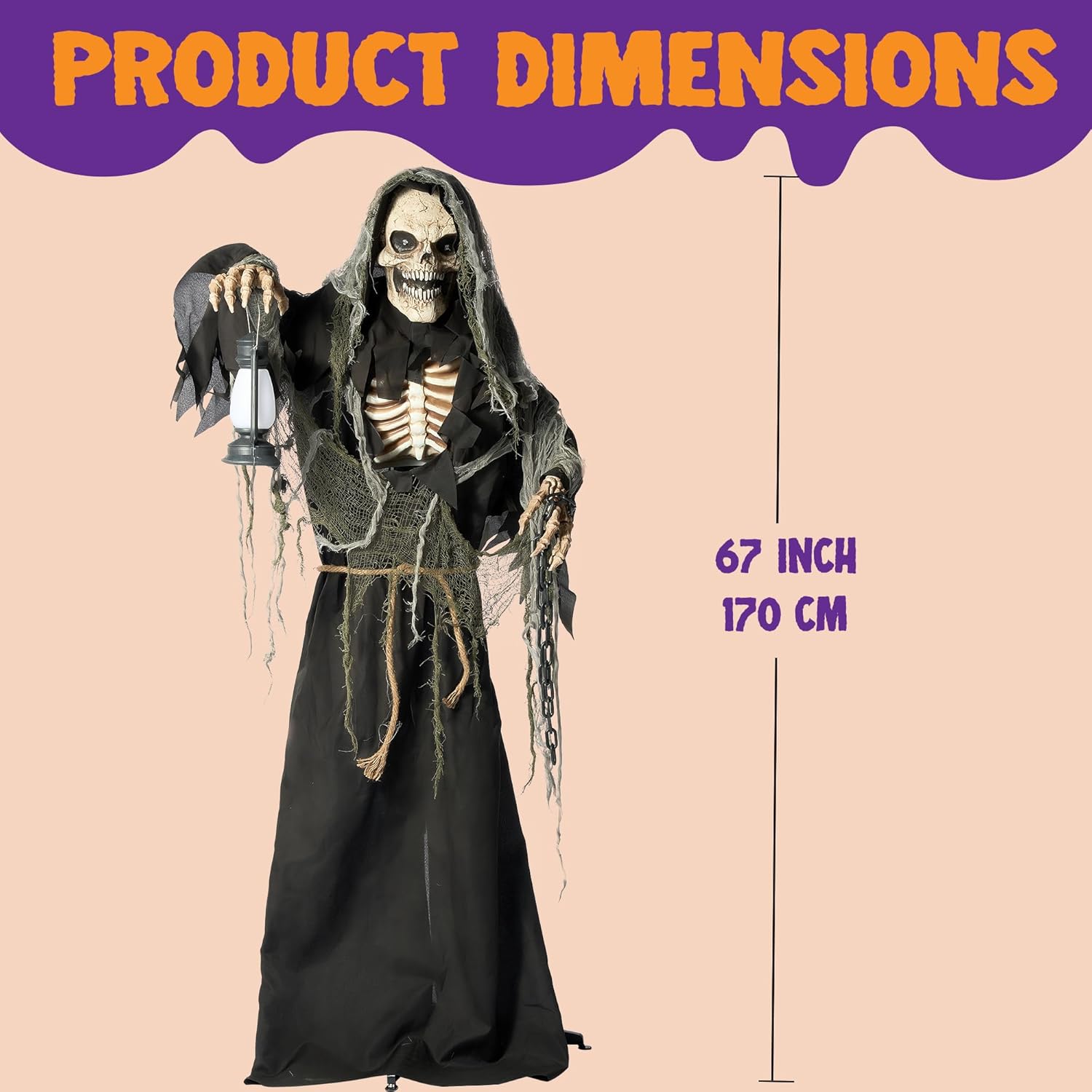 67" Halloween Animatronics Grim Reaper Animated Decoration with Light-Up Eyes E693