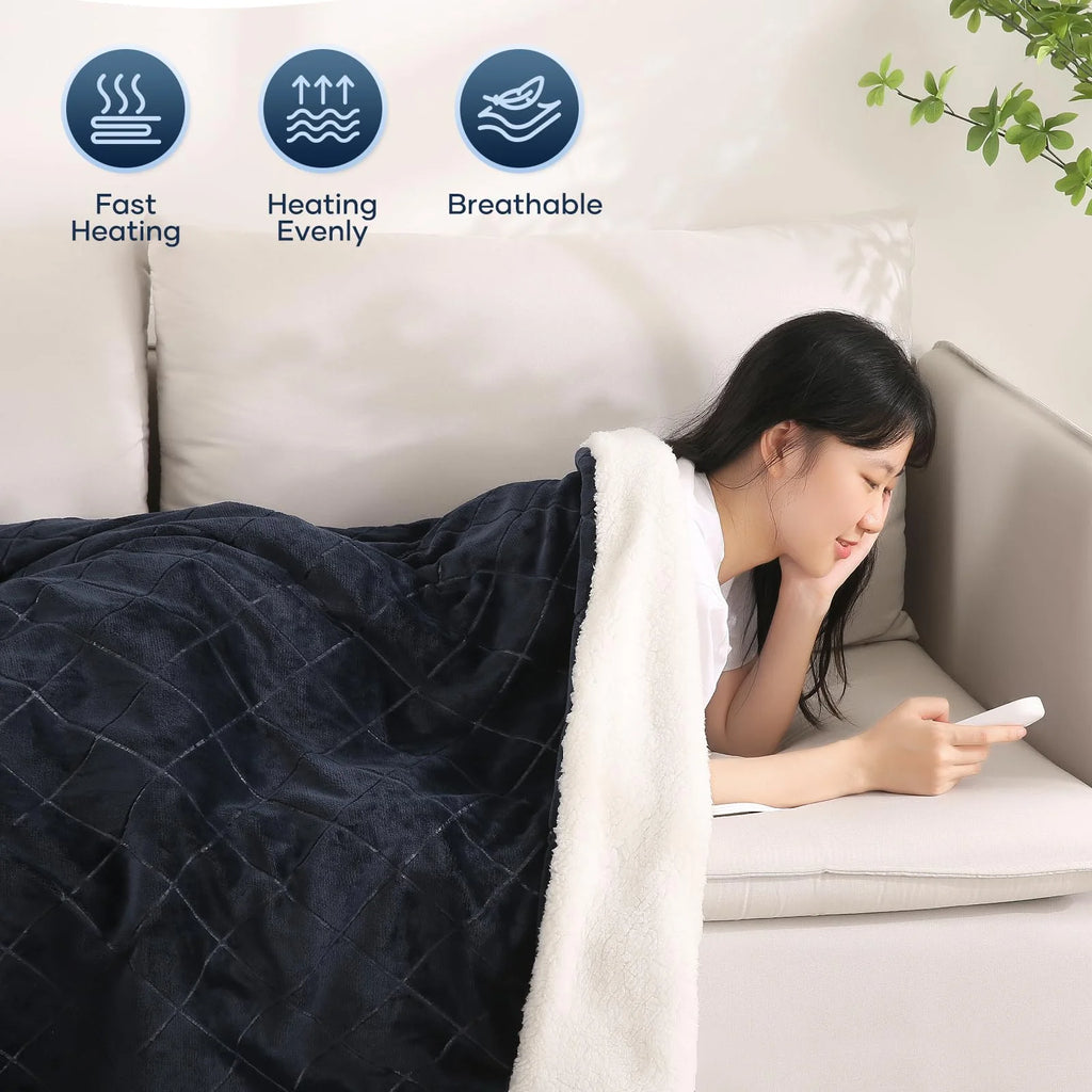 Dark Blue Flannel & Sherpa Electric Heated Throw Blanket 50"x 60" V190961