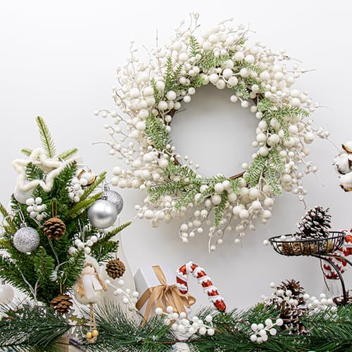 White 20 Inch Christmas Wreath with Berry Fir Pine Needle P690659