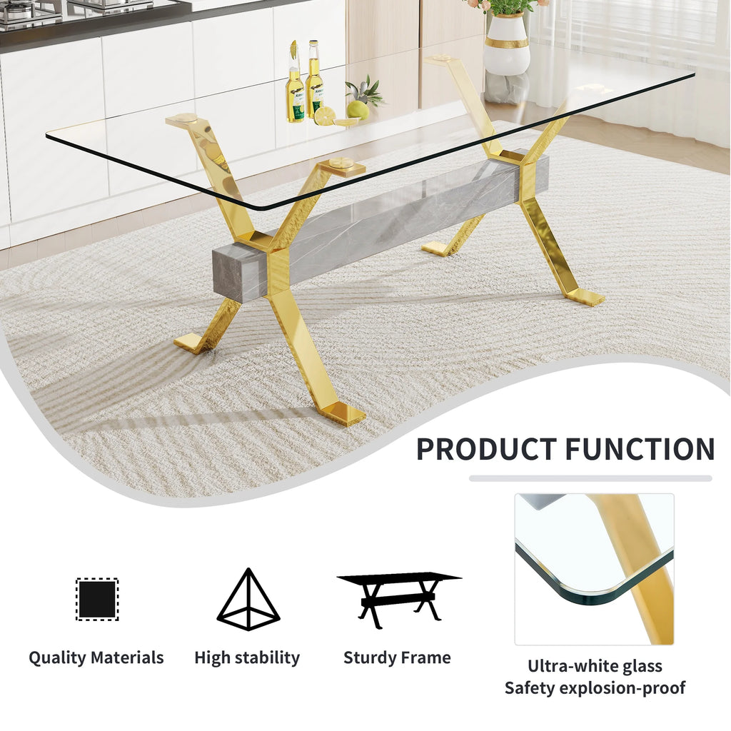 79''x39''x30'' Rectangular Tempered Glass Dining Table with 6 White PU Gold Plated Leg Chairs H47594