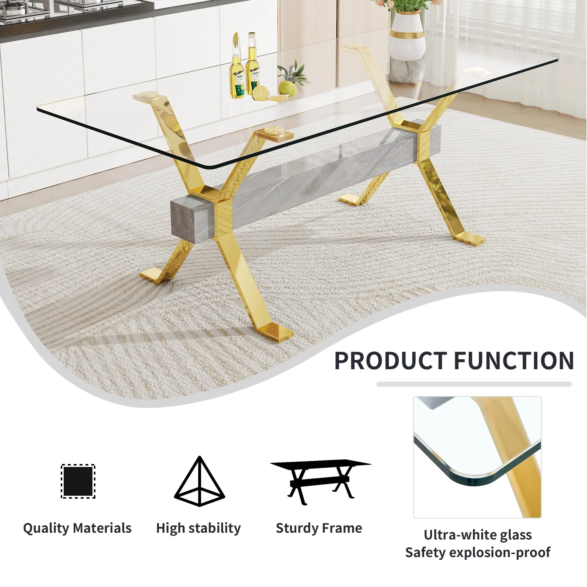 79''x39''x30'' Rectangular Tempered Glass Dining Table with 6 White PU Gold Plated Leg Chairs H47594