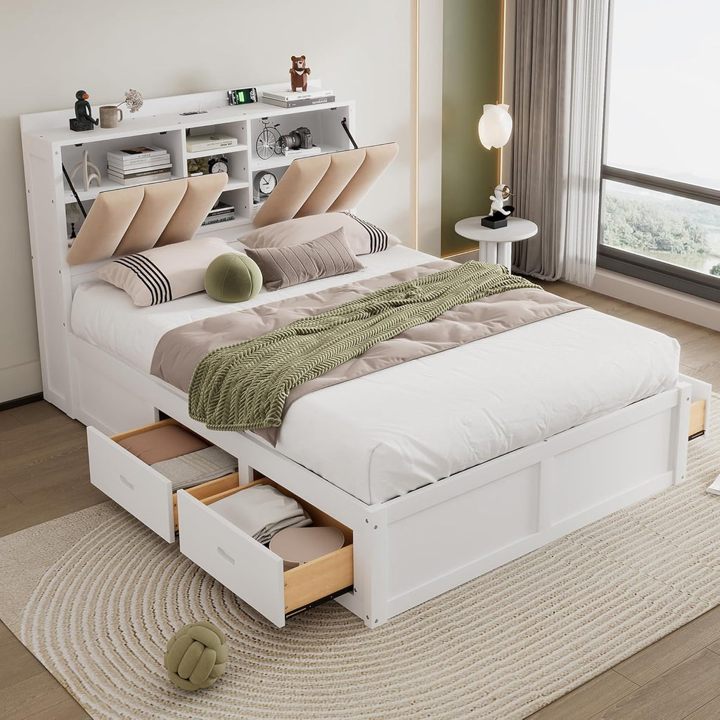 White Wood Full Size Platform Bed with Storage Headboard and 4 Drawers M233