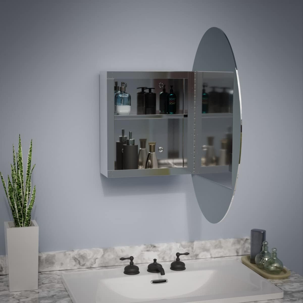 Oval Wall Mounted Medicine Cabinet Brushed Stainless Steel with Mirror 26" x 18" U7816