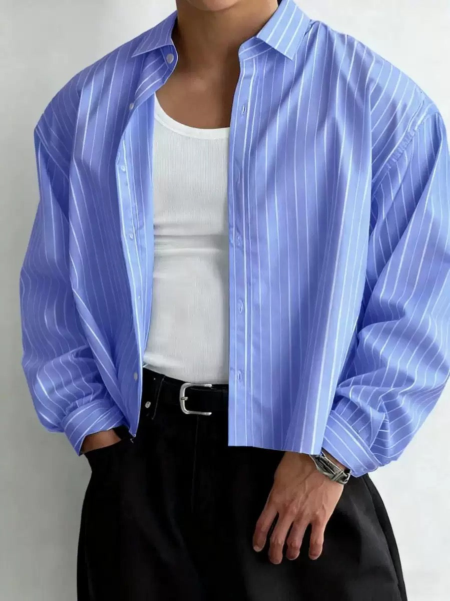 Mens Shirts Mens Vintage Striped Button Up Shirts Lapel Long Sleeve Cropped Loose Fit Blouses Fall Casual Lightweight Shirts