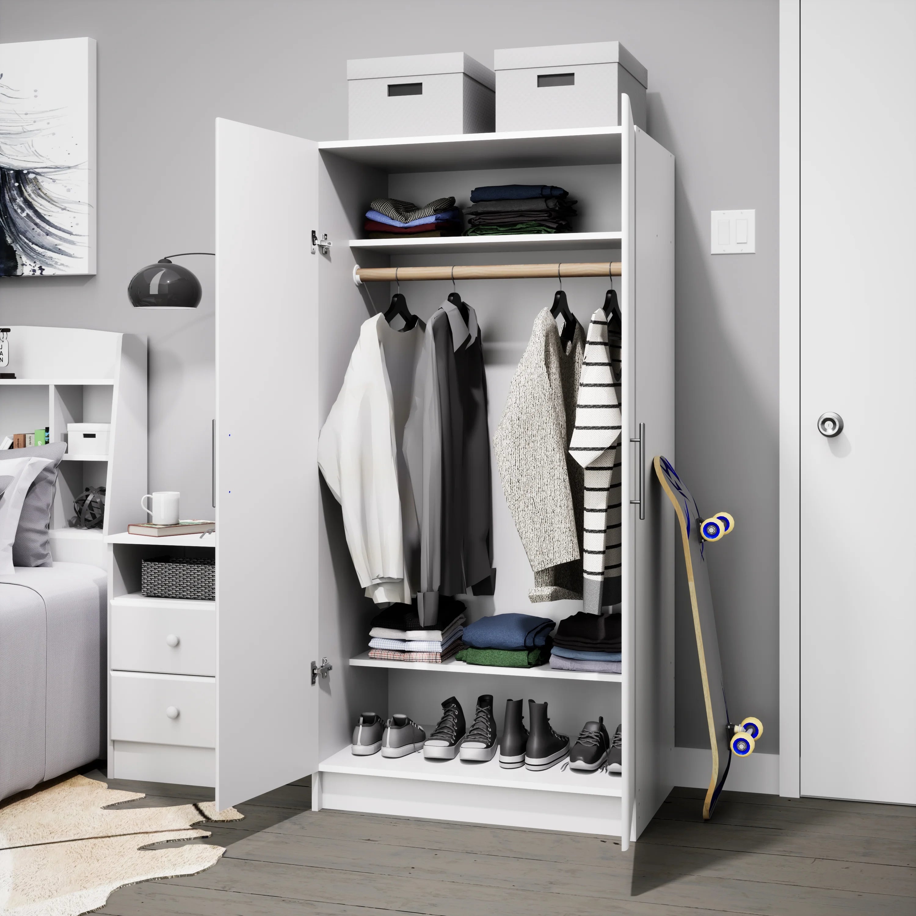 White Wardrobe Closet with Hanging Rail U437