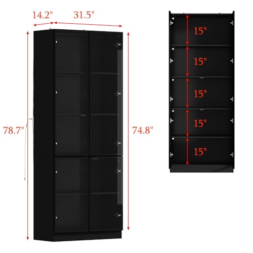 Black Glass Display Cabinet with 5-Tier Shelves and 4 Doors D9293