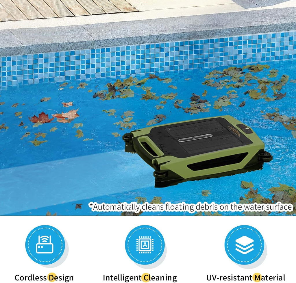 Cordless Robotic Pool Cleaner, Solar Powered Pool Skimmer with Dual Charging Options, Pool Robot Vacuum with Automatic Obstacle Avoidance, Green L576