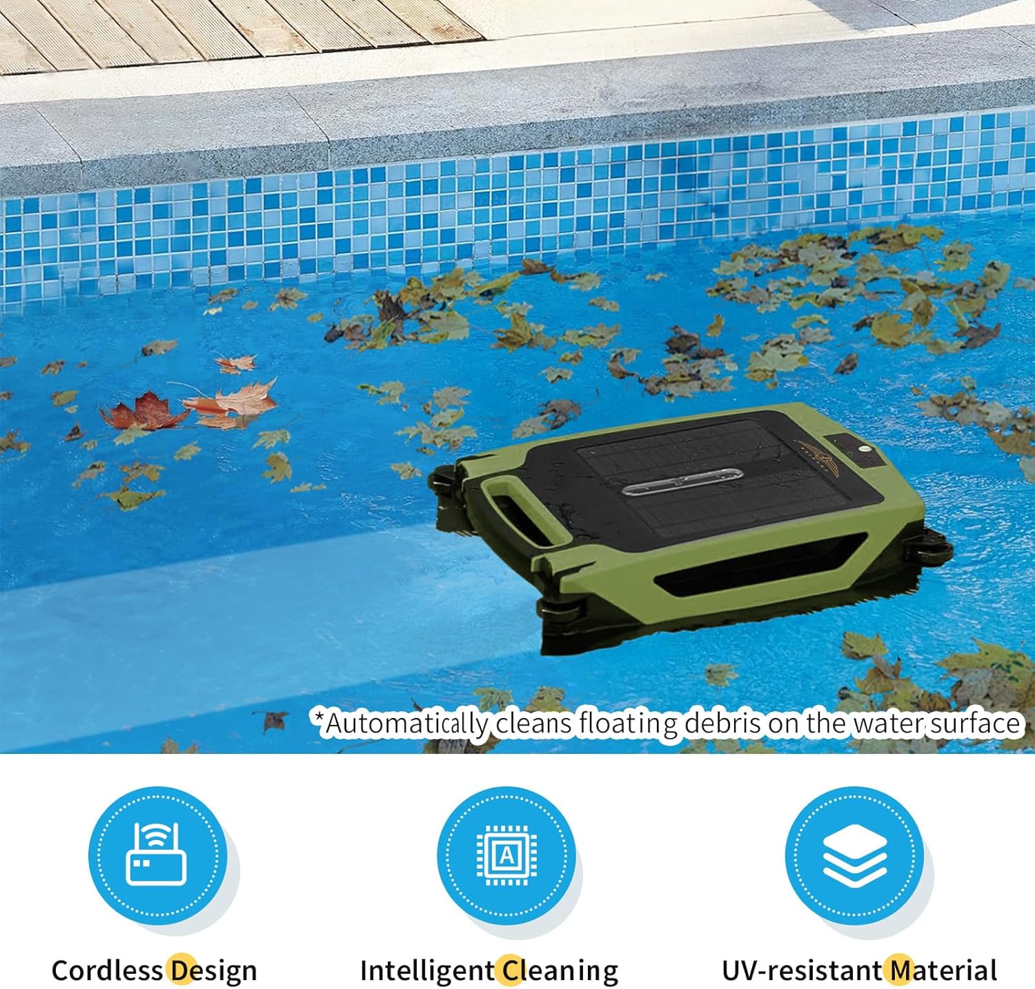Cordless Robotic Pool Cleaner, Solar Powered Pool Skimmer with Dual Charging Options, Pool Robot Vacuum with Automatic Obstacle Avoidance, Green L576