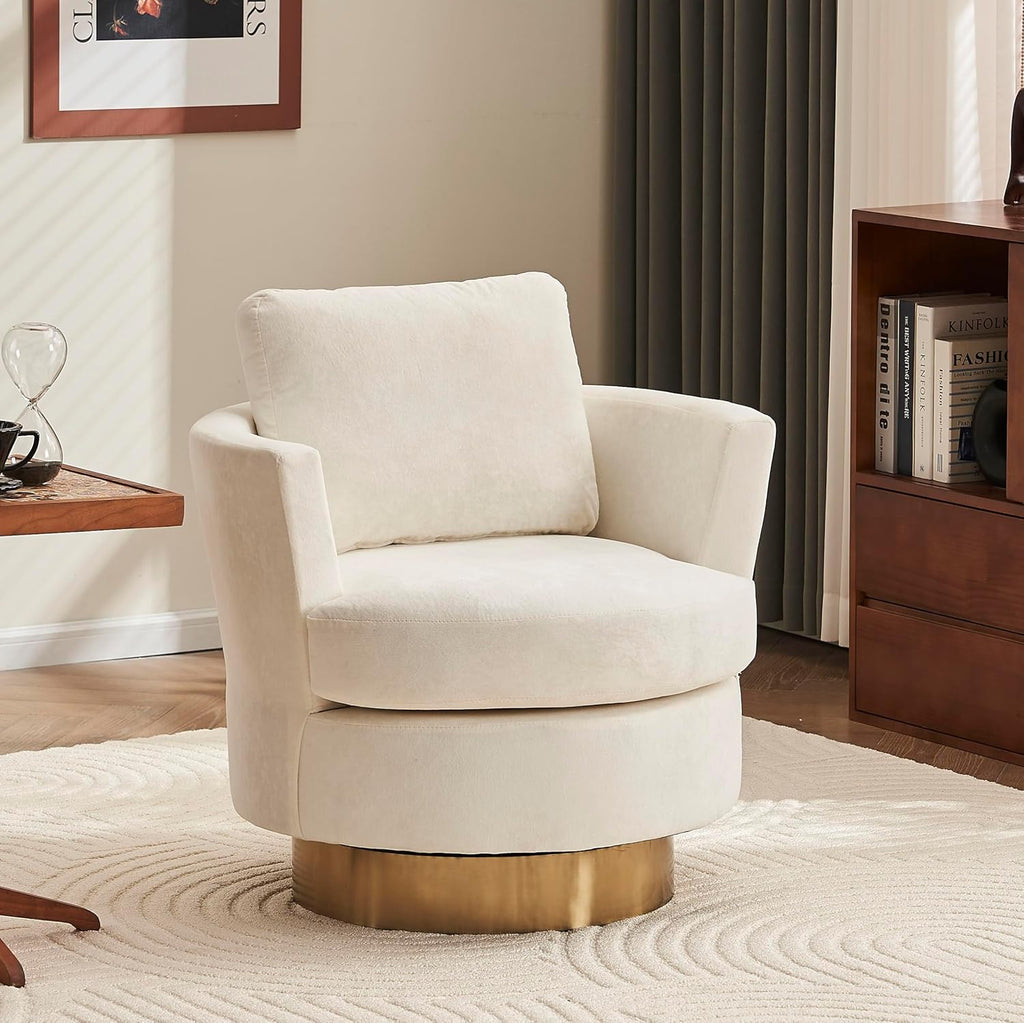 Beige Velvet Swivel Barrel Chair with Gold Stainless Steel Base T511365