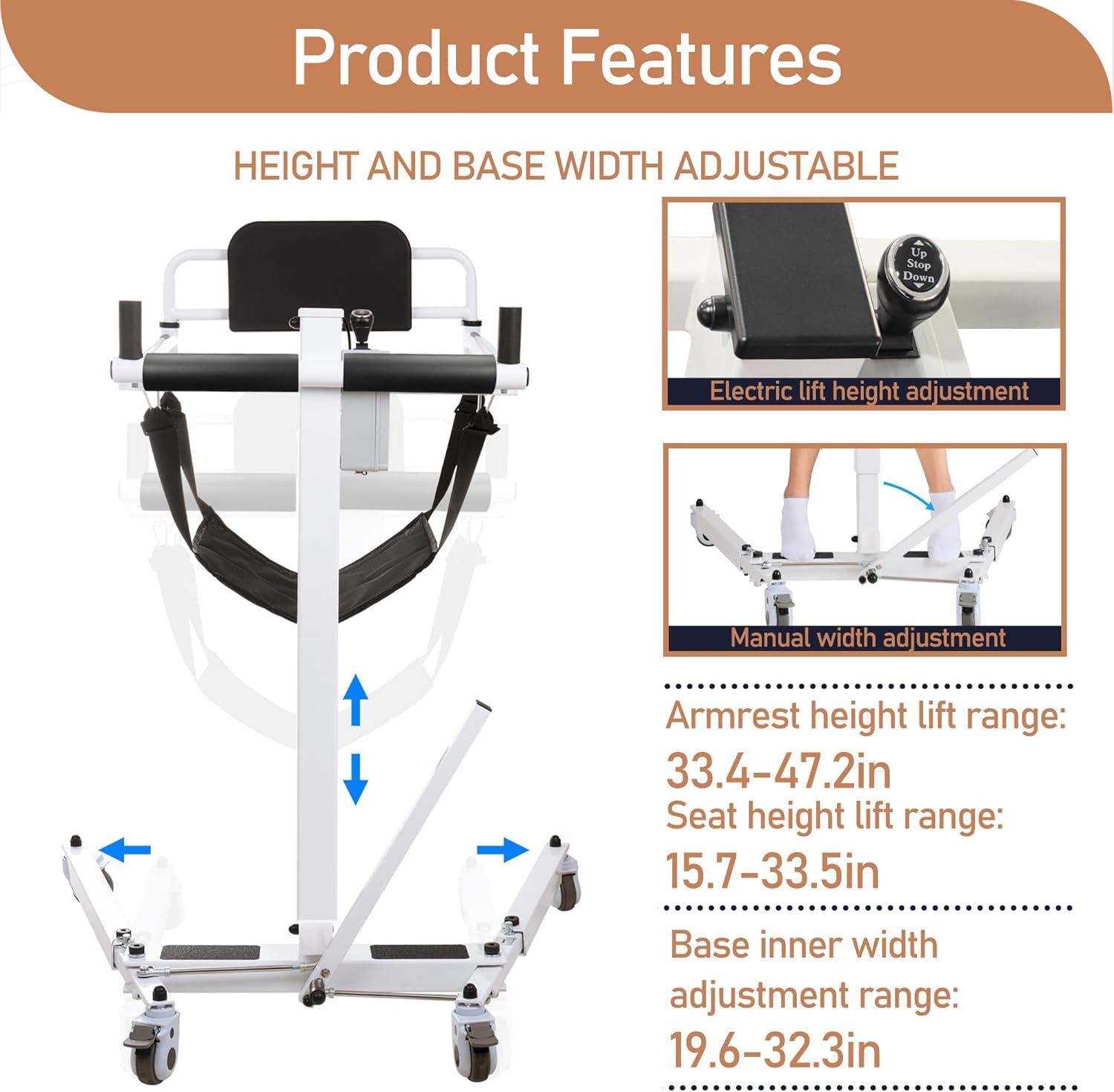 White Foldable Electric Patient Lift Transfer Chair with Adjustable Base R194216