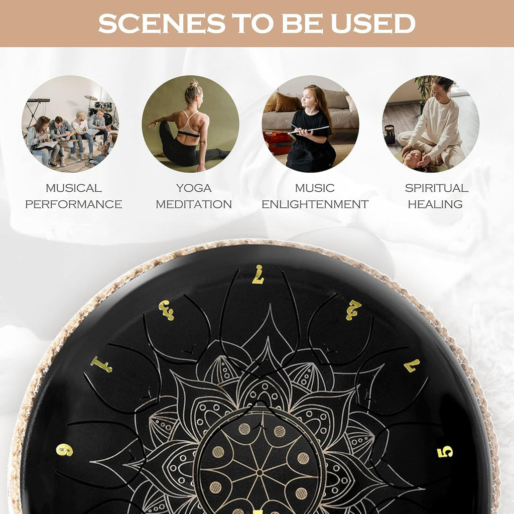 13 Notes 12 Inches Steel Tongue Drum Kit with Lotus Pattern, Black F377239