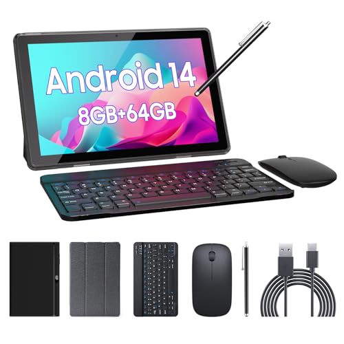 Blue 10.1 inch Android 14 Tablet with Keyboard Case Mouse Stylus Film, 8GB+64GB, 1280*800 HD Touch Screen, 8MP Dual Camera, Wi-Fi Bluetooth U42016