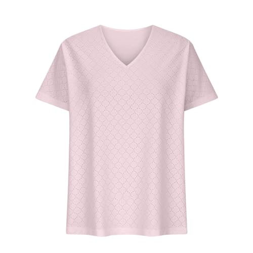 Breathable Eyelets Blouses V Neck Short Sleeve Soft Textured Tunic Tops H94079