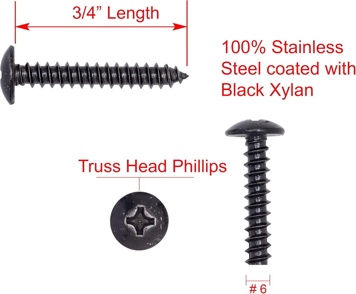 Black Xylan Coated 18-8 Stainless Steel Truss Head Phillips Wood Screw, 25pc W9757