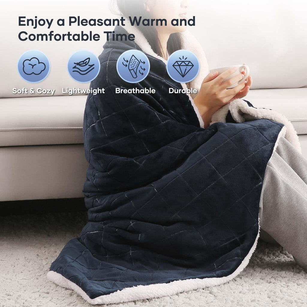 Dark Blue Flannel & Sherpa Electric Heated Throw Blanket 50"x 60" V190961