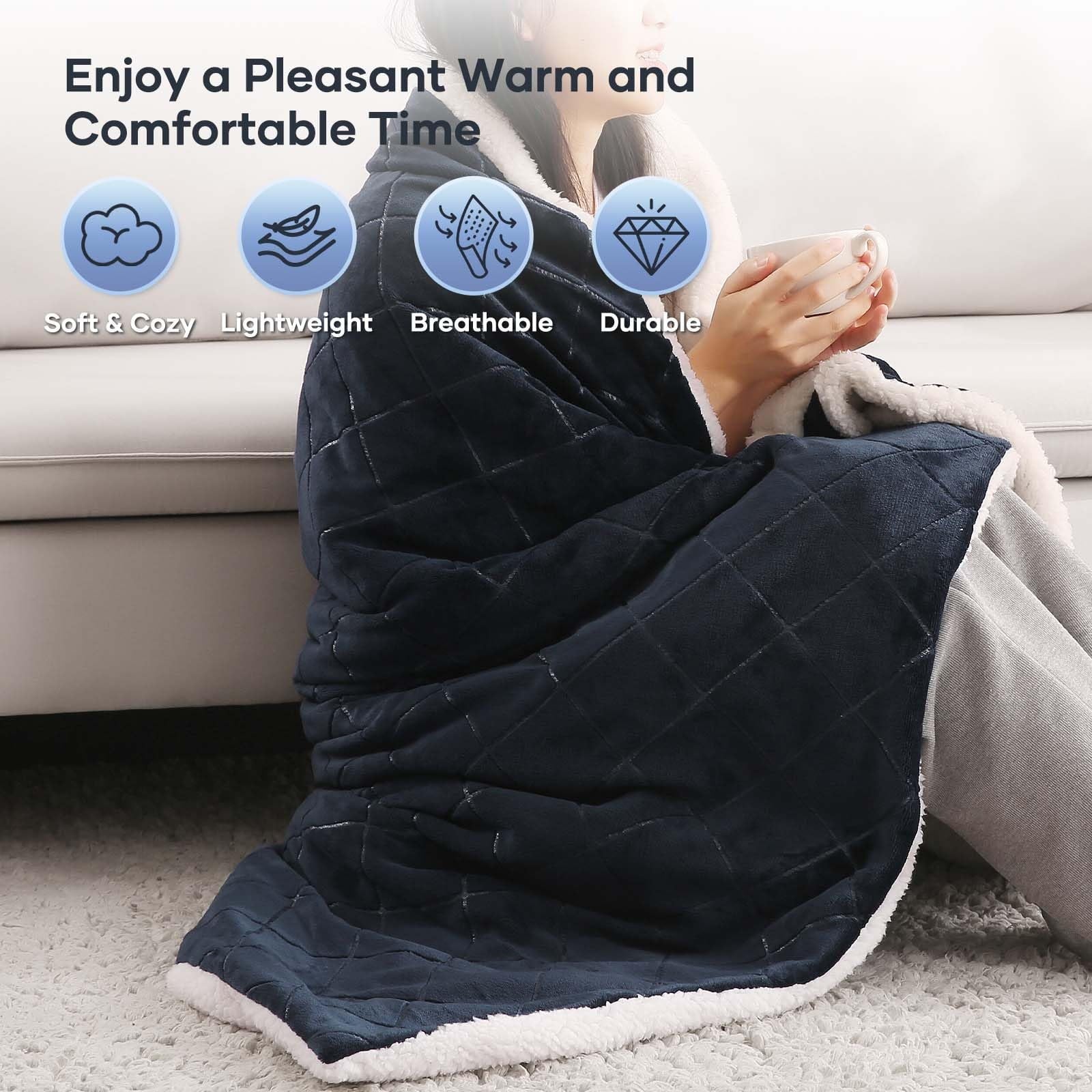 Dark Blue Flannel & Sherpa Electric Heated Throw Blanket 50"x 60" V190961