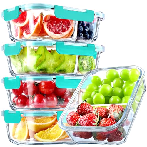 5 Pack Glass Meal Prep Containers 2 Compartment Set, 36OZ Airtight Glass Food Storage Containers with Lids, Grey P726728