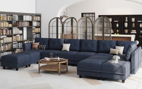 Modular Sectional Sofa with Chaise, 8 Seater Reversible L Shaped U Shape Sectional Couch with Storage, Denim Blue R877