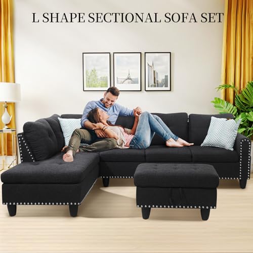Charcoal Grey L Shaped Sectional Sleeper Sofa with Storage Ottoman L727730