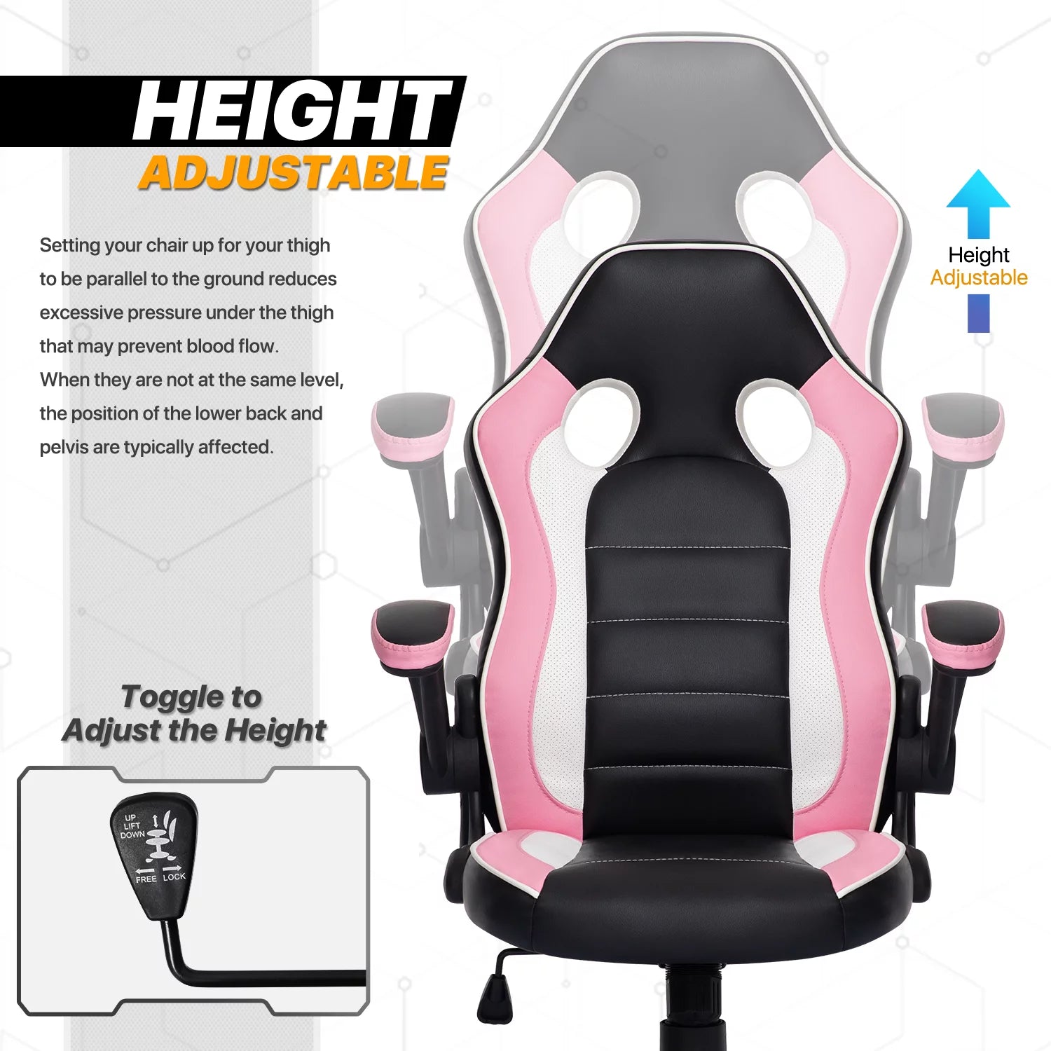 Black/Pink PU Leather Gaming Chair with Flip-Up Arms T889765